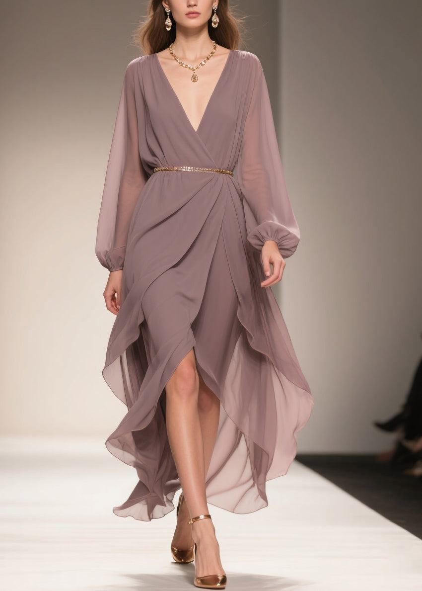 Chiffon Deep V-Neck Wrap Belted Bishop Sleeve High Low Ruffle Maxi Gown