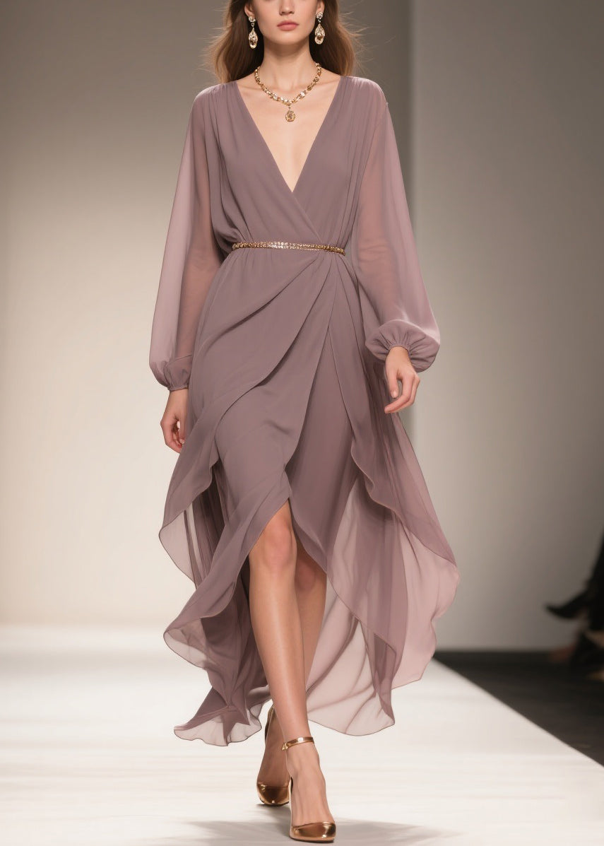 Chiffon Deep V-Neck Wrap Belted Bishop Sleeve High Low Ruffle Maxi Gown