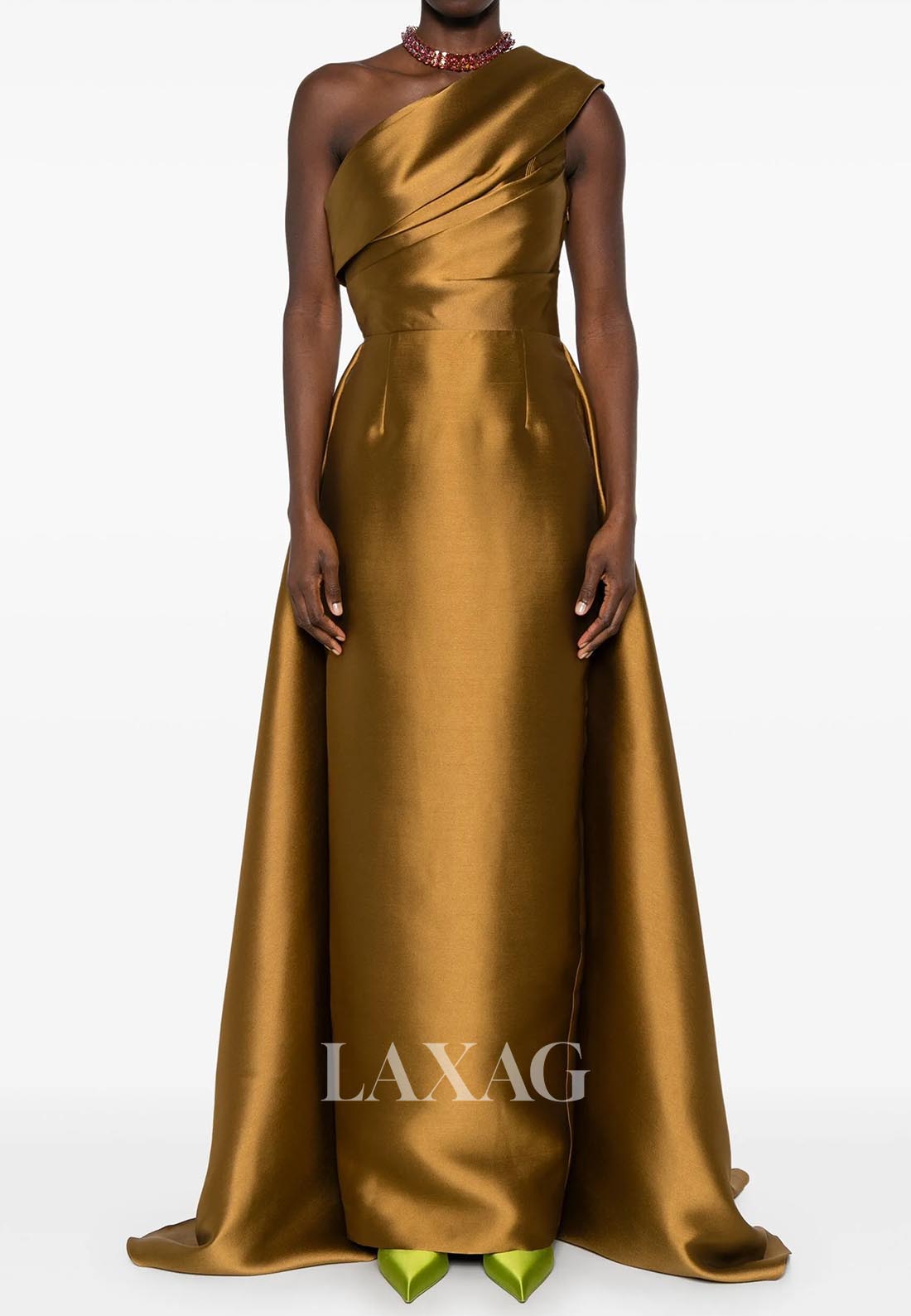 Asymmetrical-Neck Ankle-Length Formal Gowns Pleated Satin Mermaid Evening Dress with Train