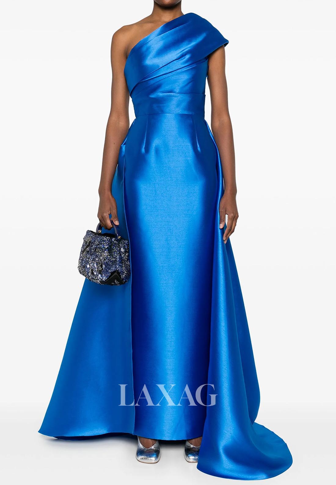 Asymmetrical-Neck Ankle-Length Formal Gowns Pleated Satin Mermaid Evening Dress with Train