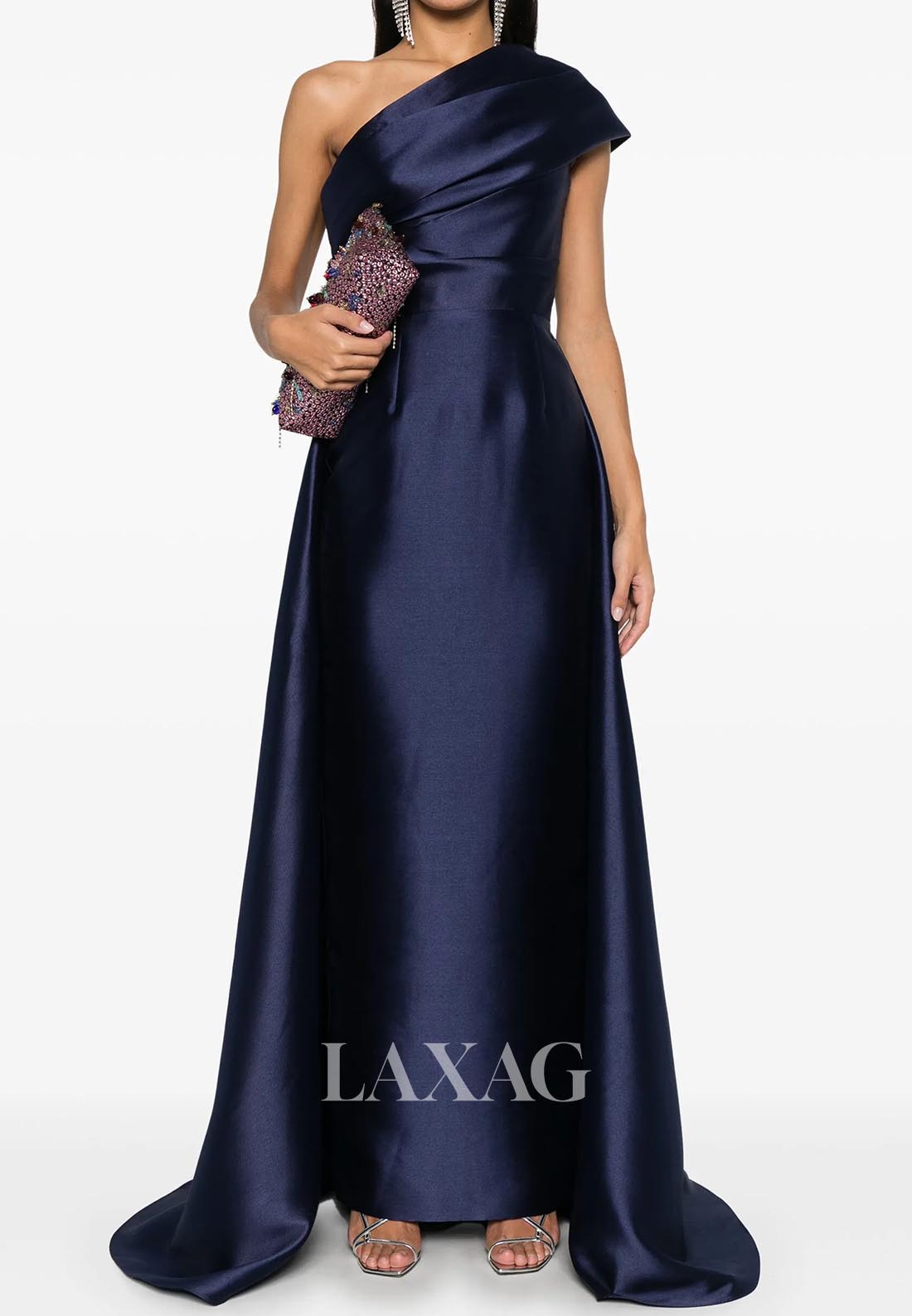 Asymmetrical-Neck Ankle-Length Formal Gowns Pleated Satin Mermaid Evening Dress with Train