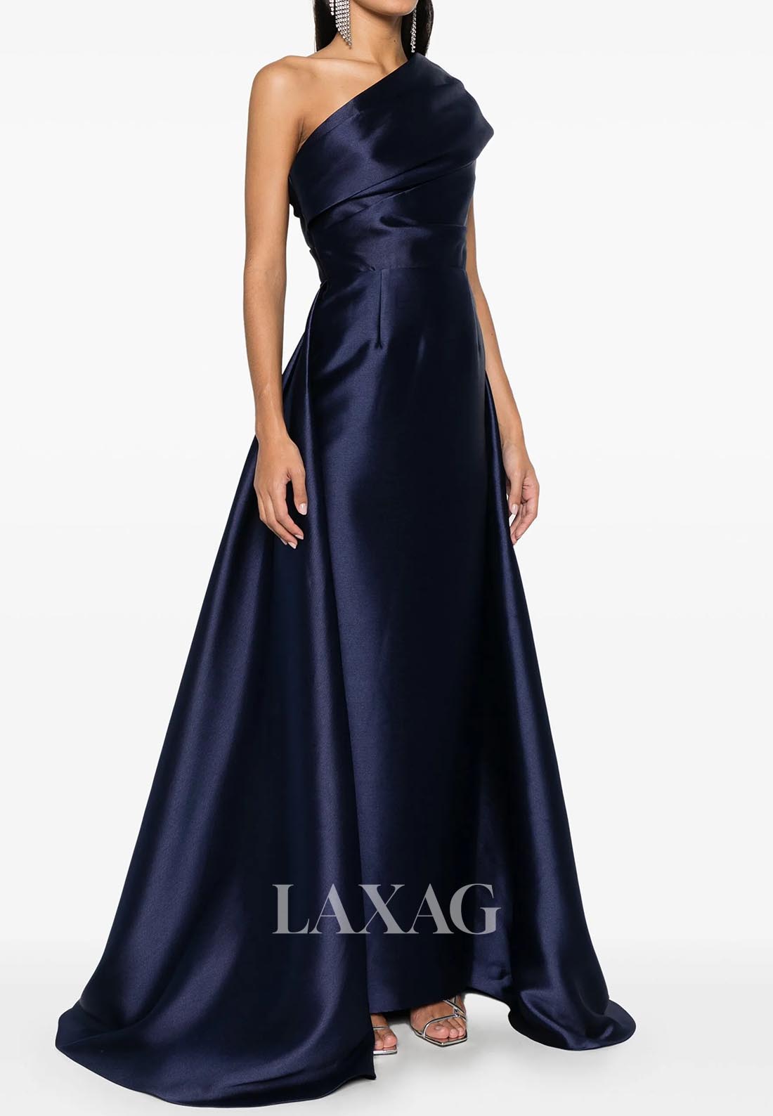 Asymmetrical-Neck Ankle-Length Formal Gowns Pleated Satin Mermaid Evening Dress with Train