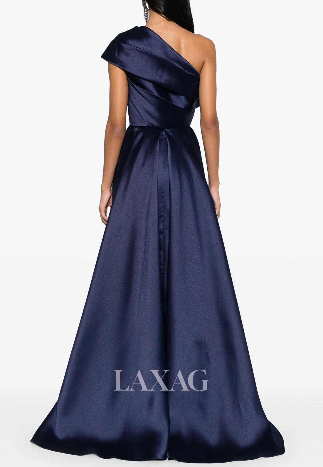 Asymmetrical-Neck Ankle-Length Formal Gowns Pleated Satin Mermaid Evening Dress with Train