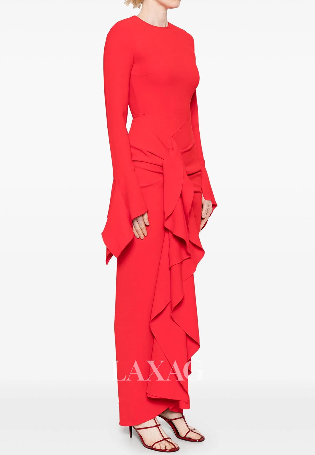 Scoop-Neck Long-Sleeves Ankle-Length Mermaid Evening Dress Pleated Satin Formal Gowns