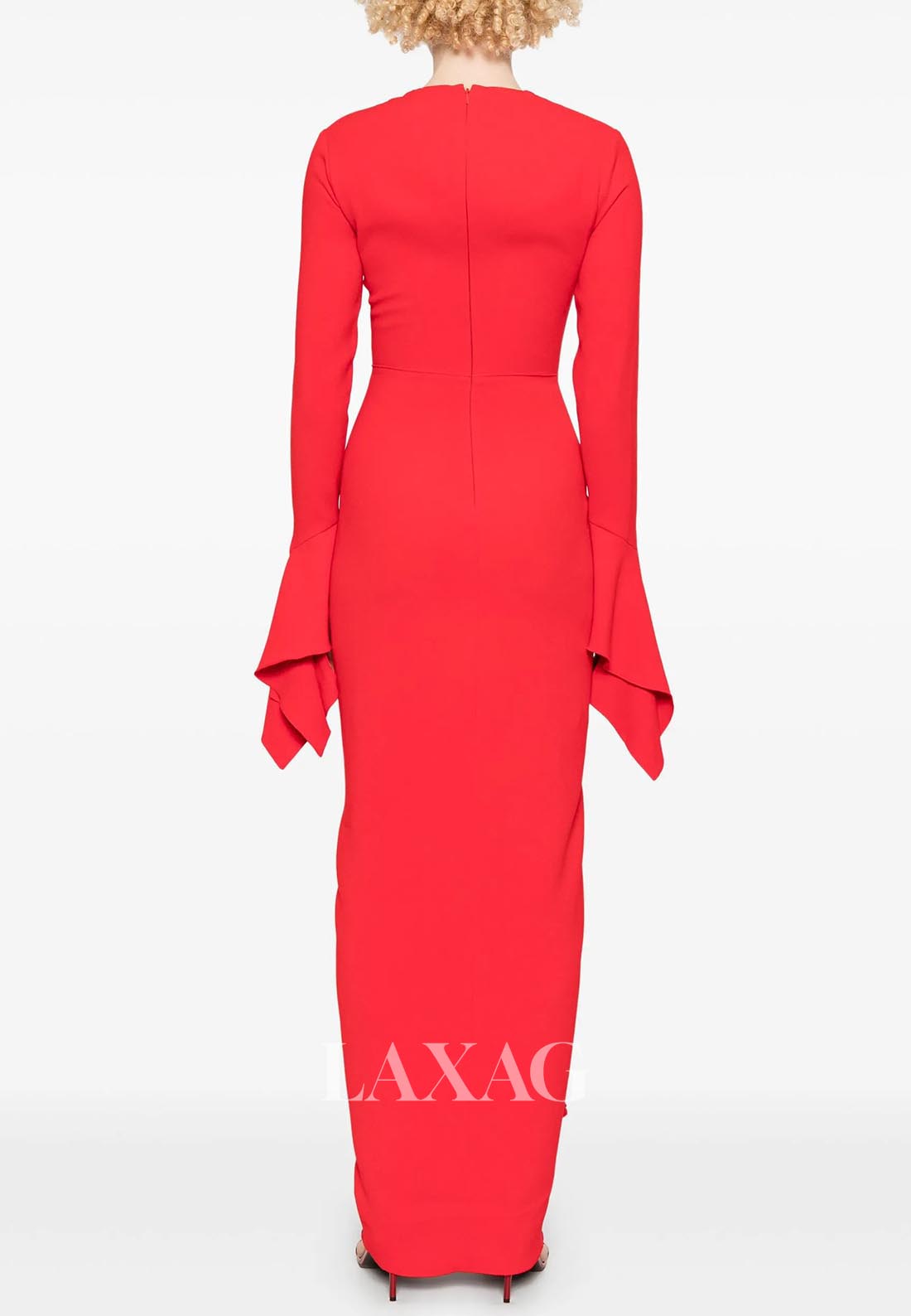 Scoop-Neck Long-Sleeves Ankle-Length Mermaid Evening Dress Pleated Satin Formal Gowns