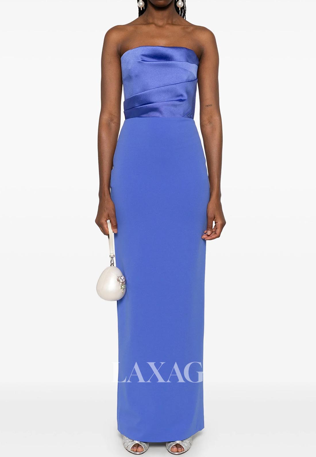 Tube Top Off-Shoulder Sleeveless Fitted Evening Dress Pleated Satin Ankle-Length Formal Gowns