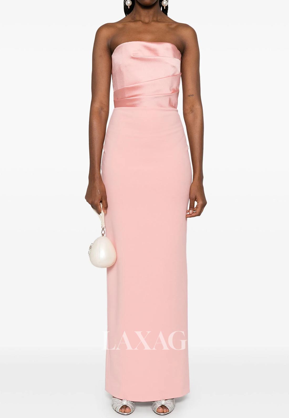 Tube Top Off-Shoulder Sleeveless Fitted Evening Dress Pleated Satin Ankle-Length Formal Gowns