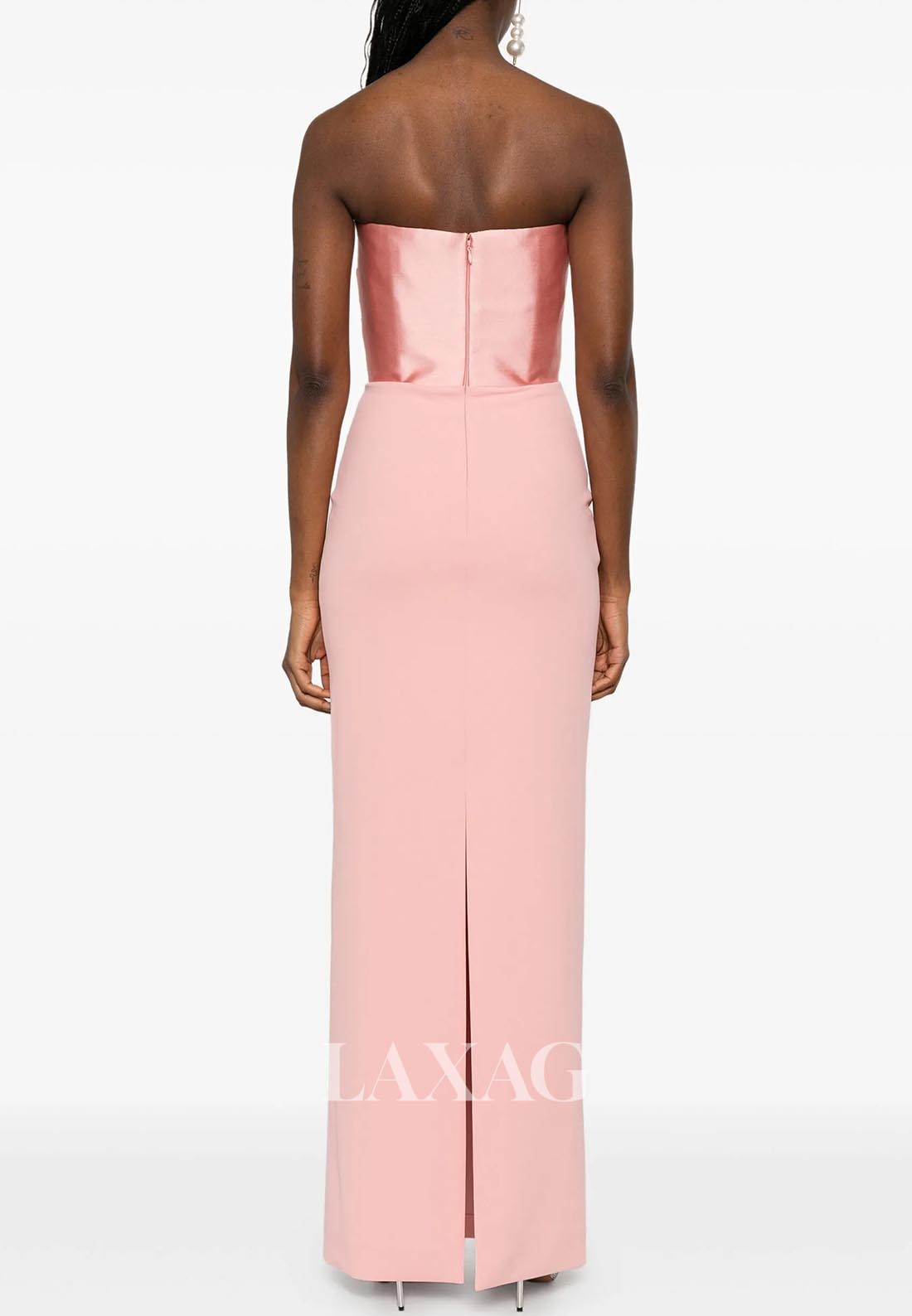 Tube Top Off-Shoulder Sleeveless Fitted Evening Dress Pleated Satin Ankle-Length Formal Gowns
