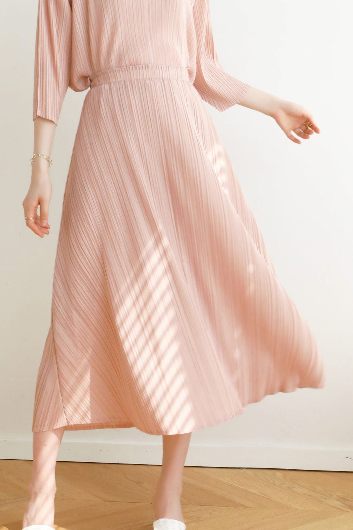 Elastic High Waist Plisse Pleated A-Line Midi Skirt