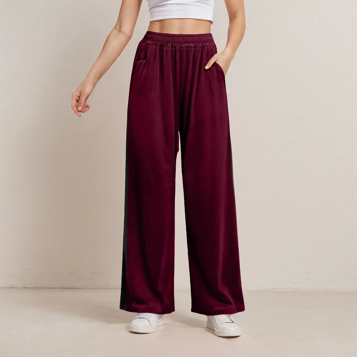 Elastic High Waist Velvet-Look Pocket Wide Leg Pants 2