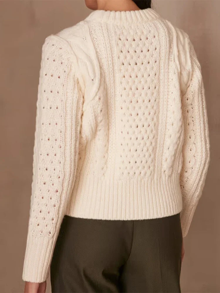 Crew Neck Long Sleeve Chunky Honeycomb Cable Knit Sweater 6