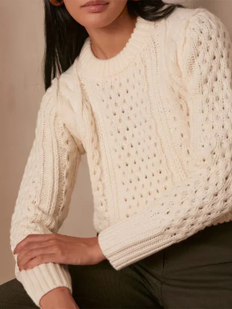 Crew Neck Long Sleeve Chunky Honeycomb Cable Knit Sweater 5