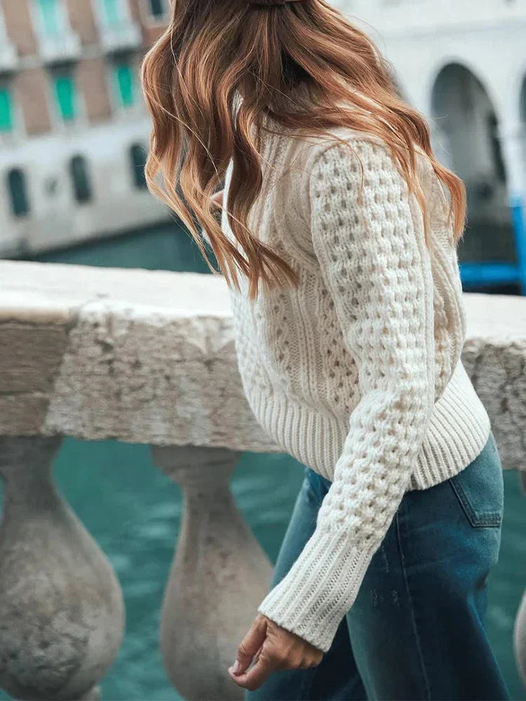 Crew Neck Long Sleeve Chunky Honeycomb Cable Knit Sweater 3