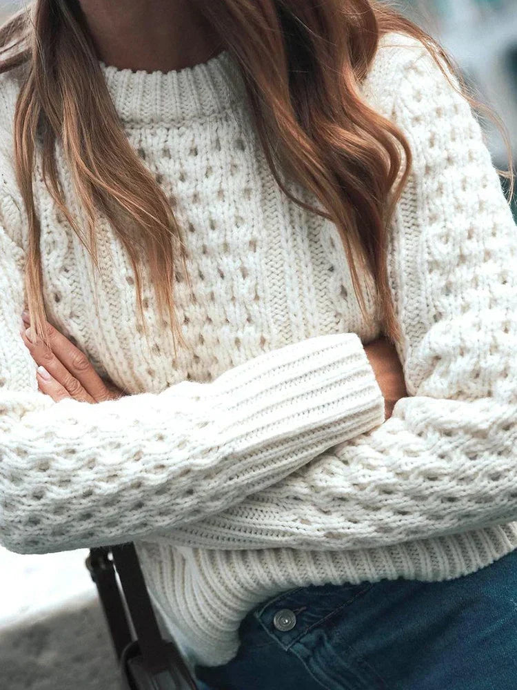 Crew Neck Long Sleeve Chunky Honeycomb Cable Knit Sweater