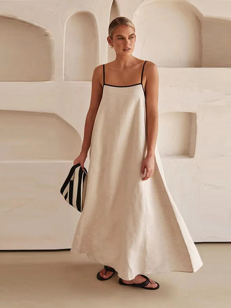 Débora Elegant Linen-cotton Dress with Open Back for Women
