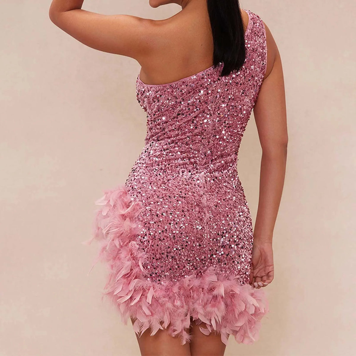 One Shoulder Sequin Faux Feather Asymmetric Hem Bodycon Mini Dress 6