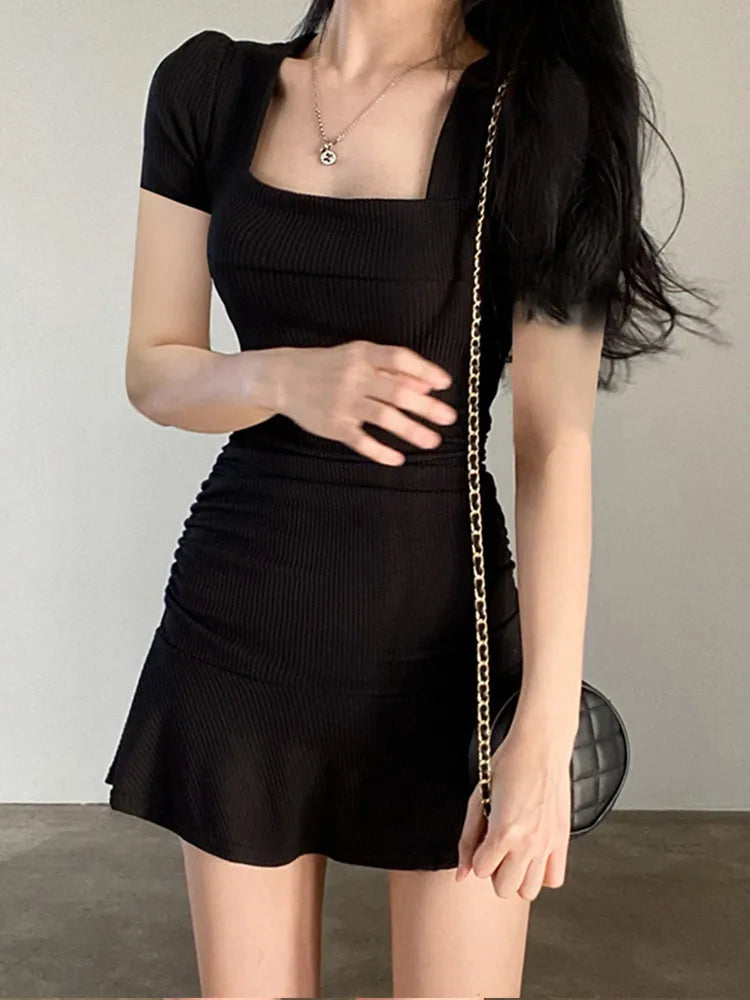 Ribbed Knit Square Neck Short Sleeve Ruched Ruffle Hem Mini Dress 2