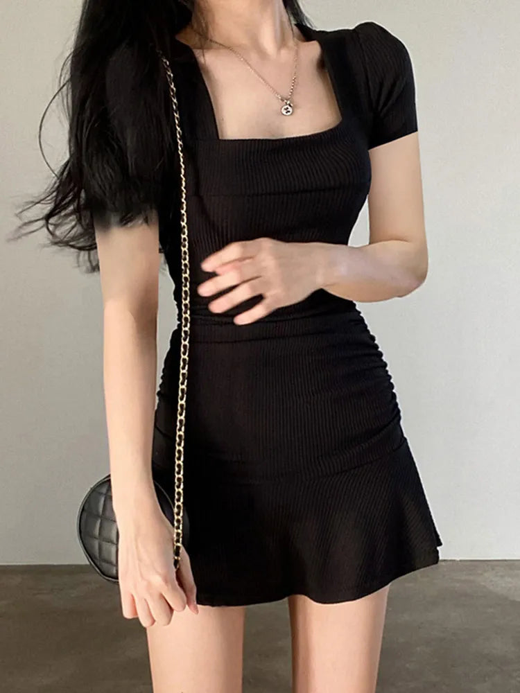 Ribbed Knit Square Neck Short Sleeve Ruched Ruffle Hem Mini Dress