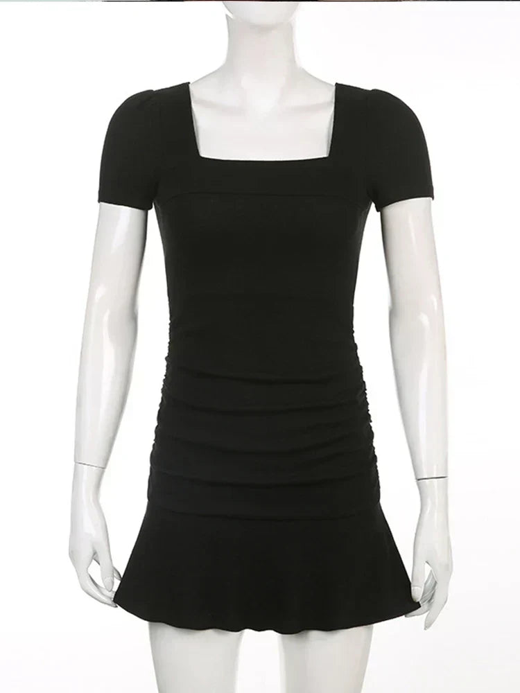 Ribbed Knit Square Neck Short Sleeve Ruched Ruffle Hem Mini Dress 5