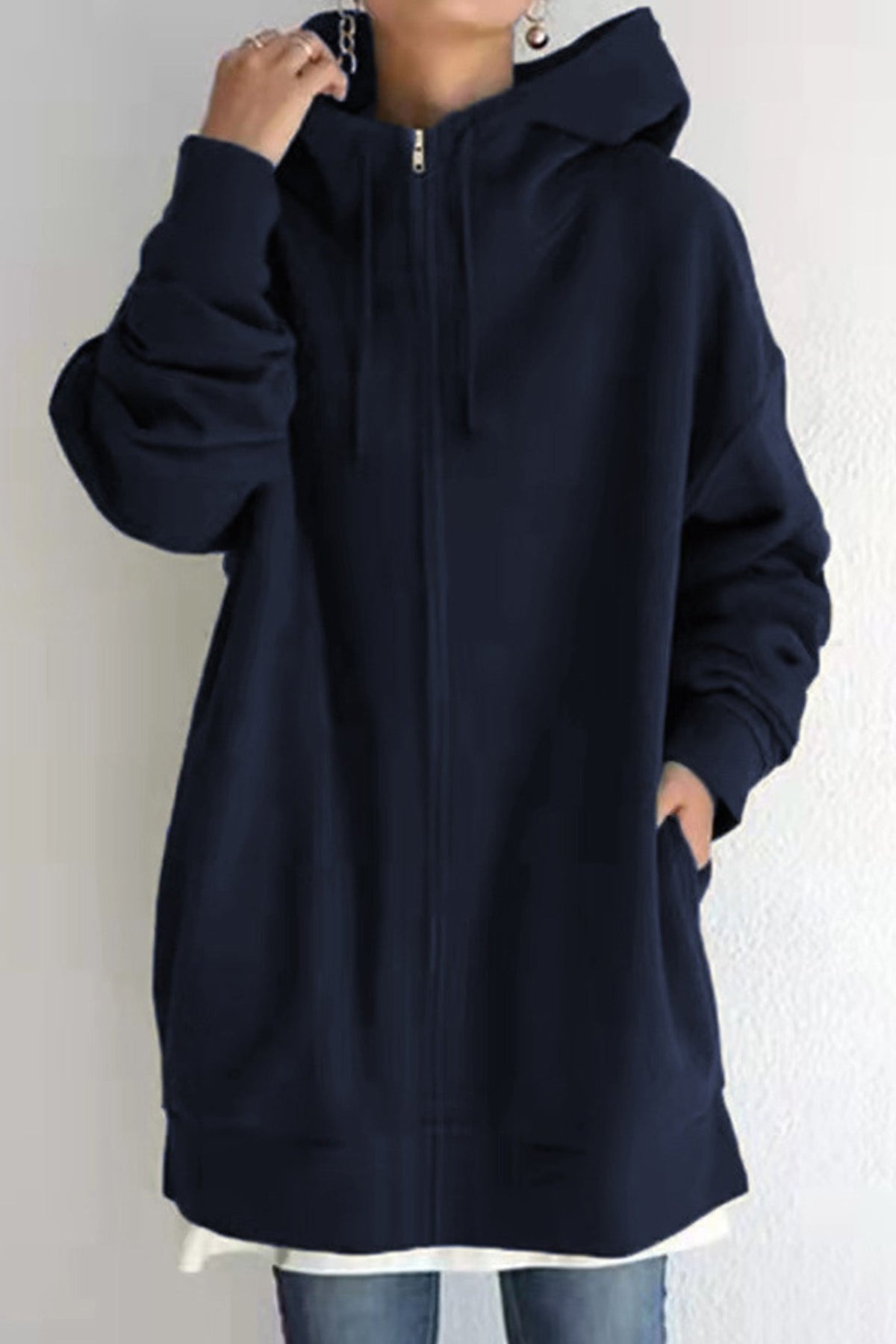 Oversized Zip Front Drawstring Hooded Longline Sweatshirt Jacket 11