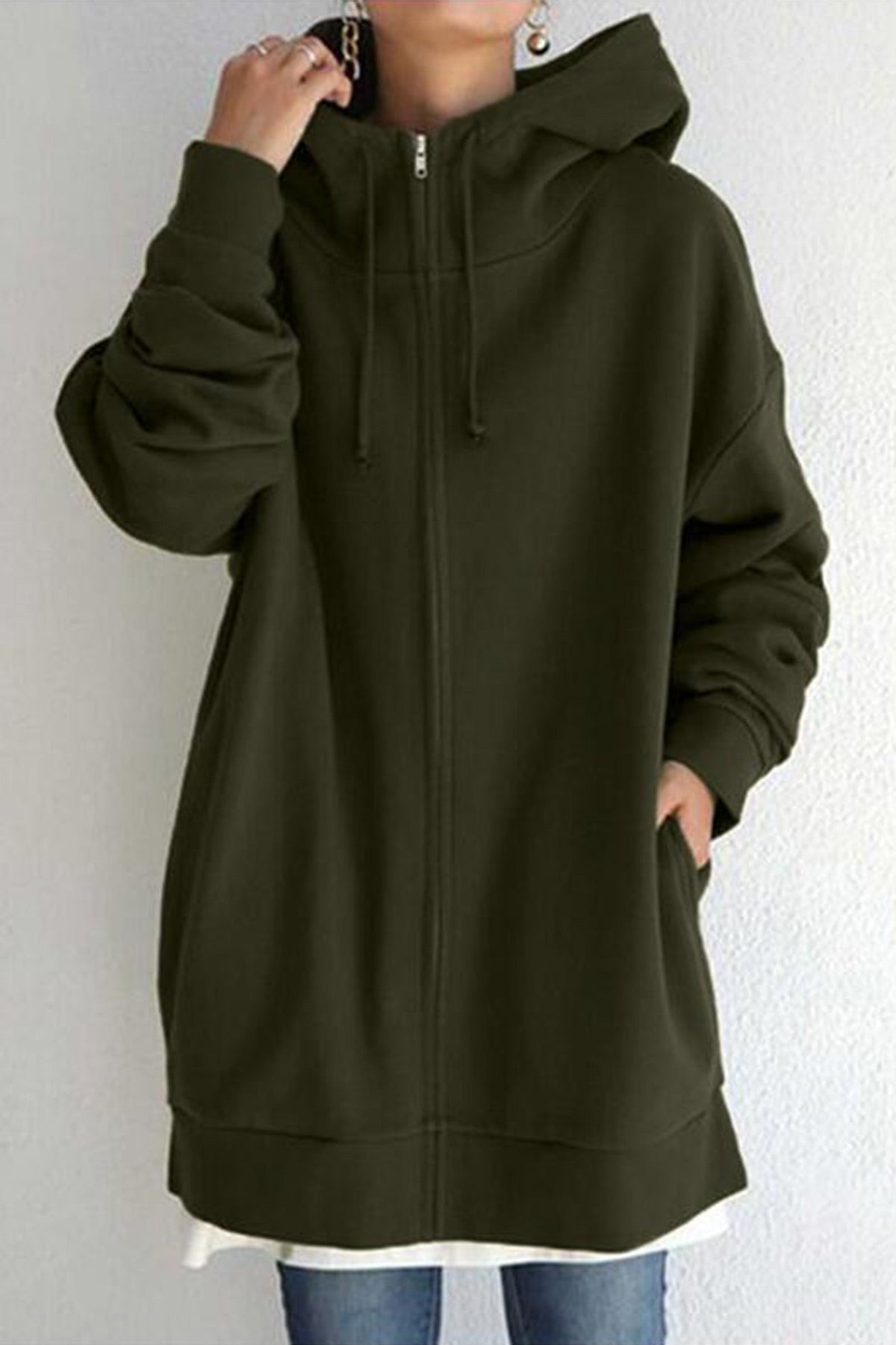 Oversized Zip Front Drawstring Hooded Longline Sweatshirt Jacket 5