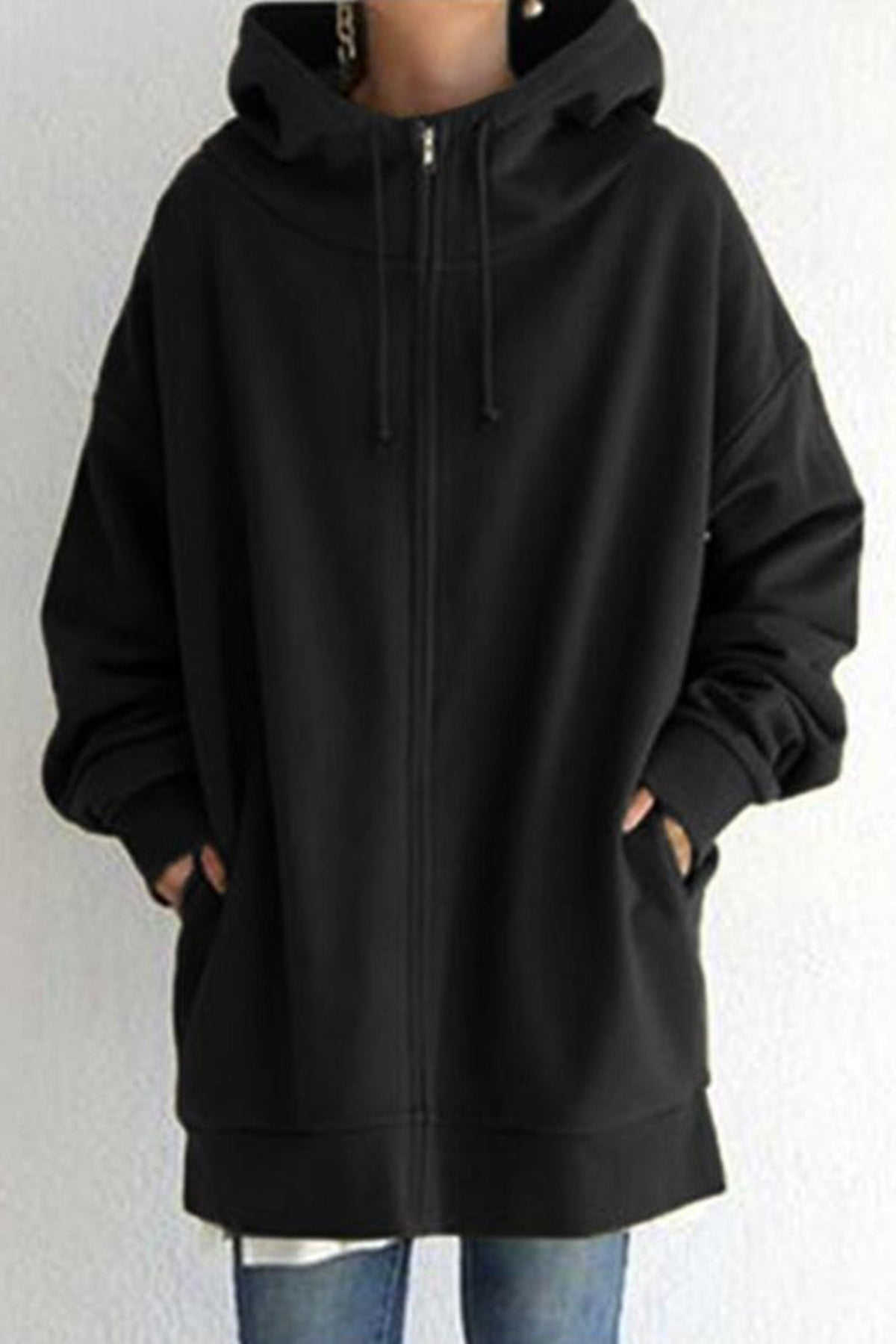 Oversized Zip Front Drawstring Hooded Longline Sweatshirt Jacket 2