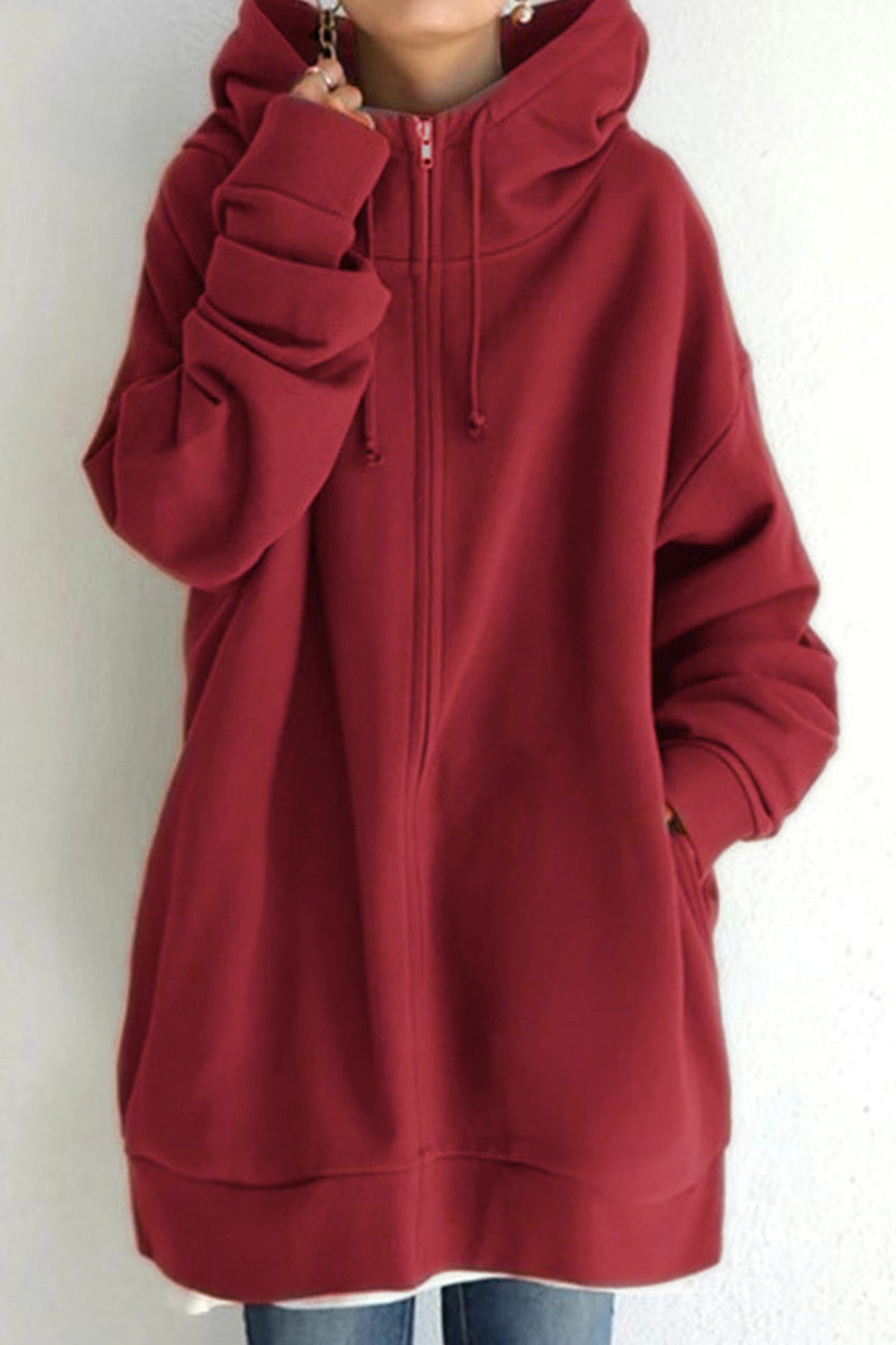 Oversized Zip Front Drawstring Hooded Longline Sweatshirt Jacket 6
