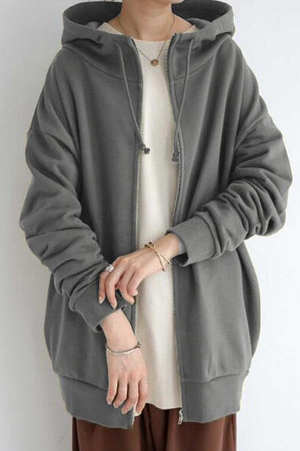 Oversized Zip Front Drawstring Hooded Longline Sweatshirt Jacket 8
