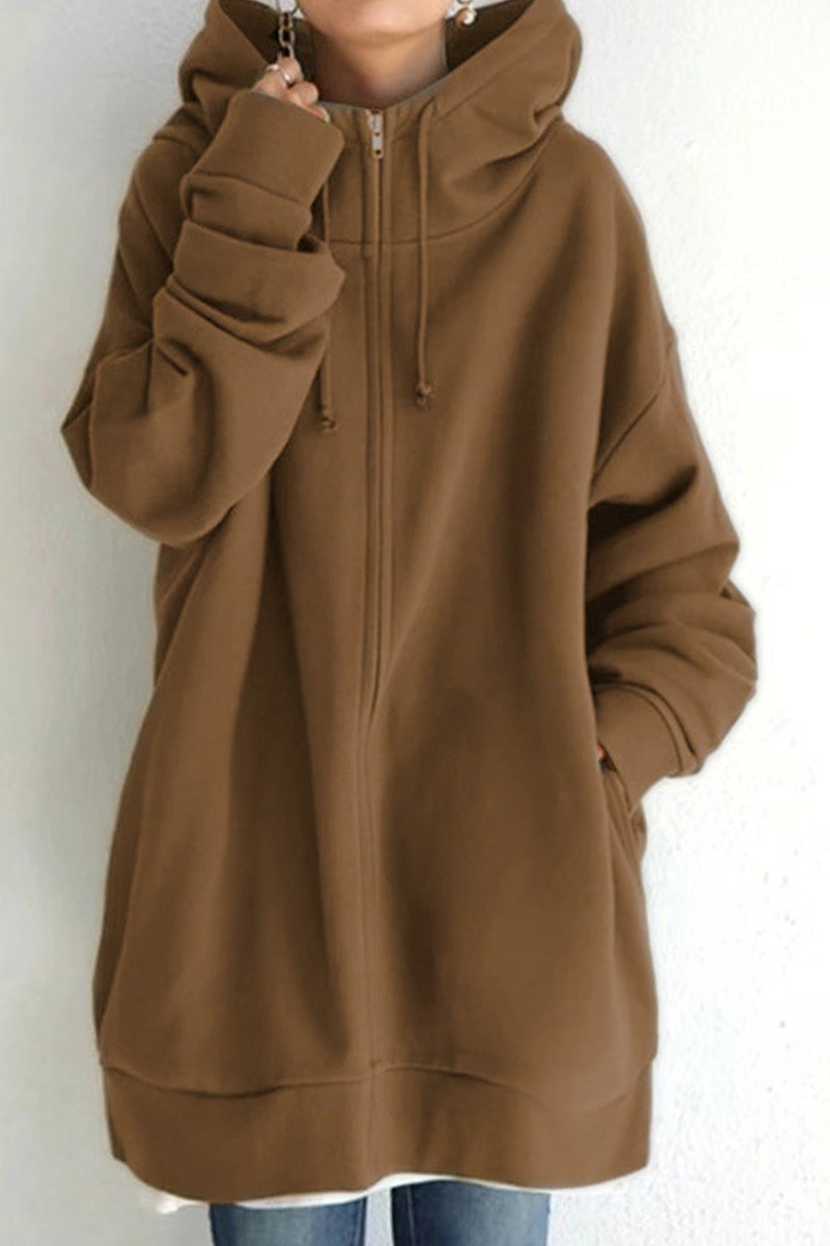 Oversized Zip Front Drawstring Hooded Longline Sweatshirt Jacket