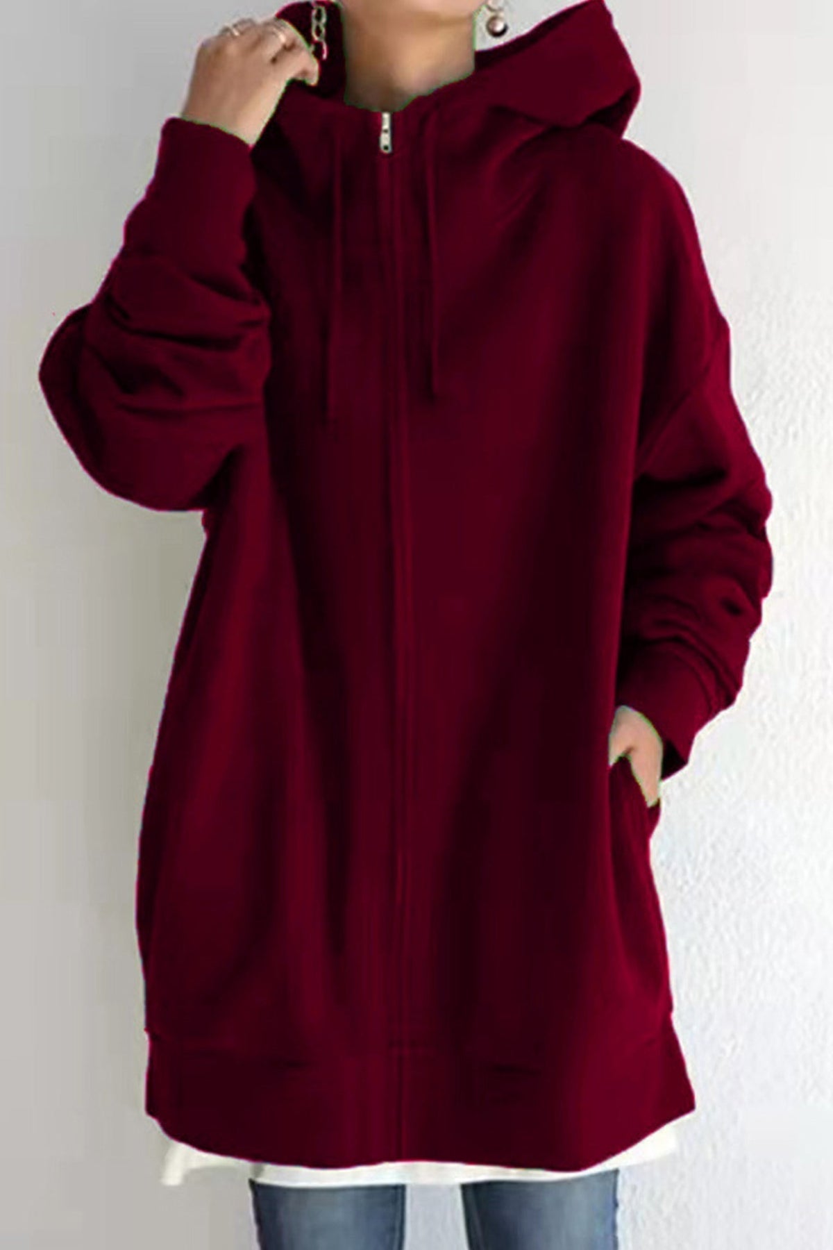Oversized Zip Front Drawstring Hooded Longline Sweatshirt Jacket 10