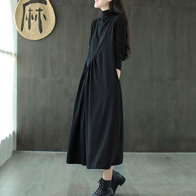 Plus Size Solid Draped High Neck Casual Dress