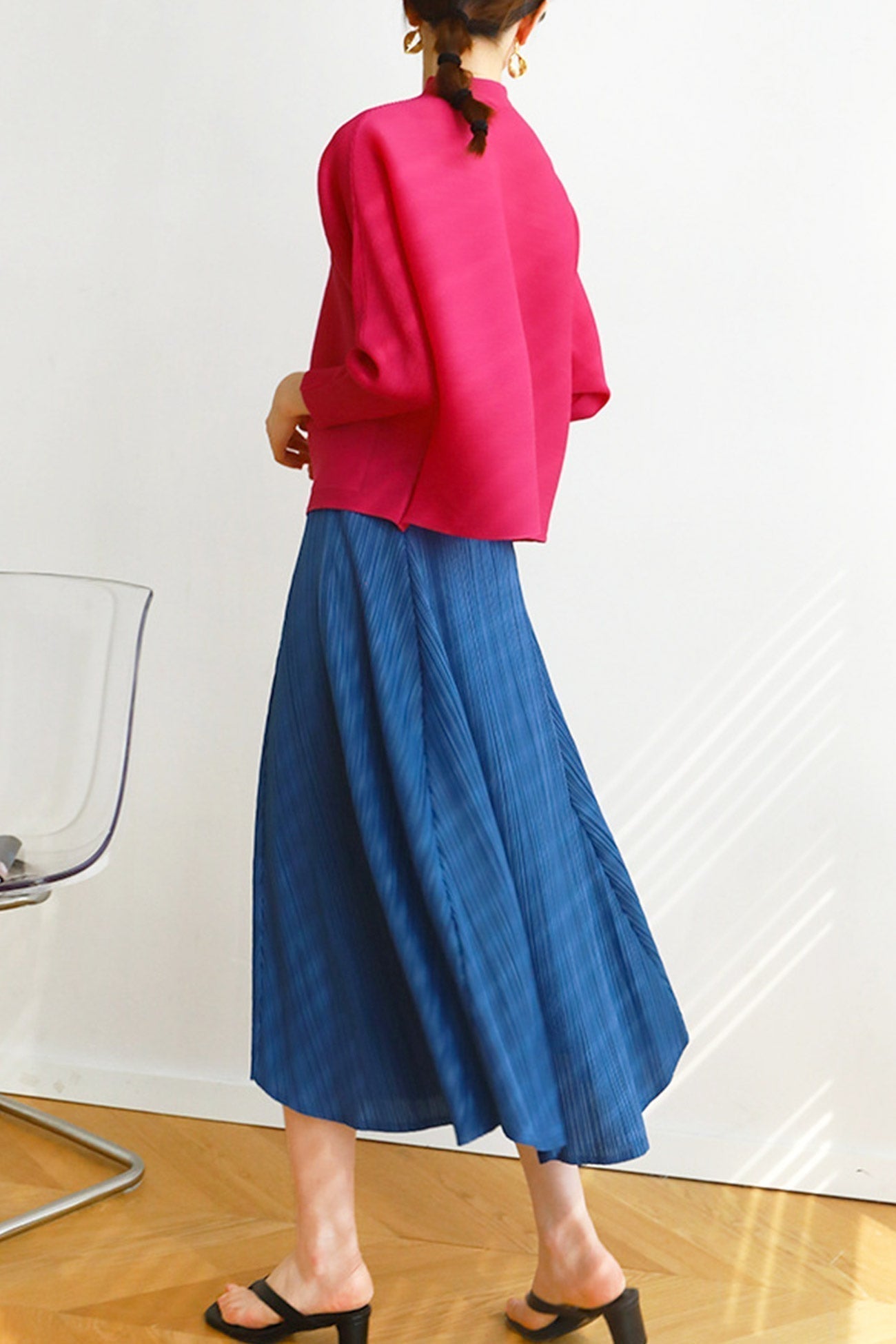 High-Waist Pleated Denim Mini Skort