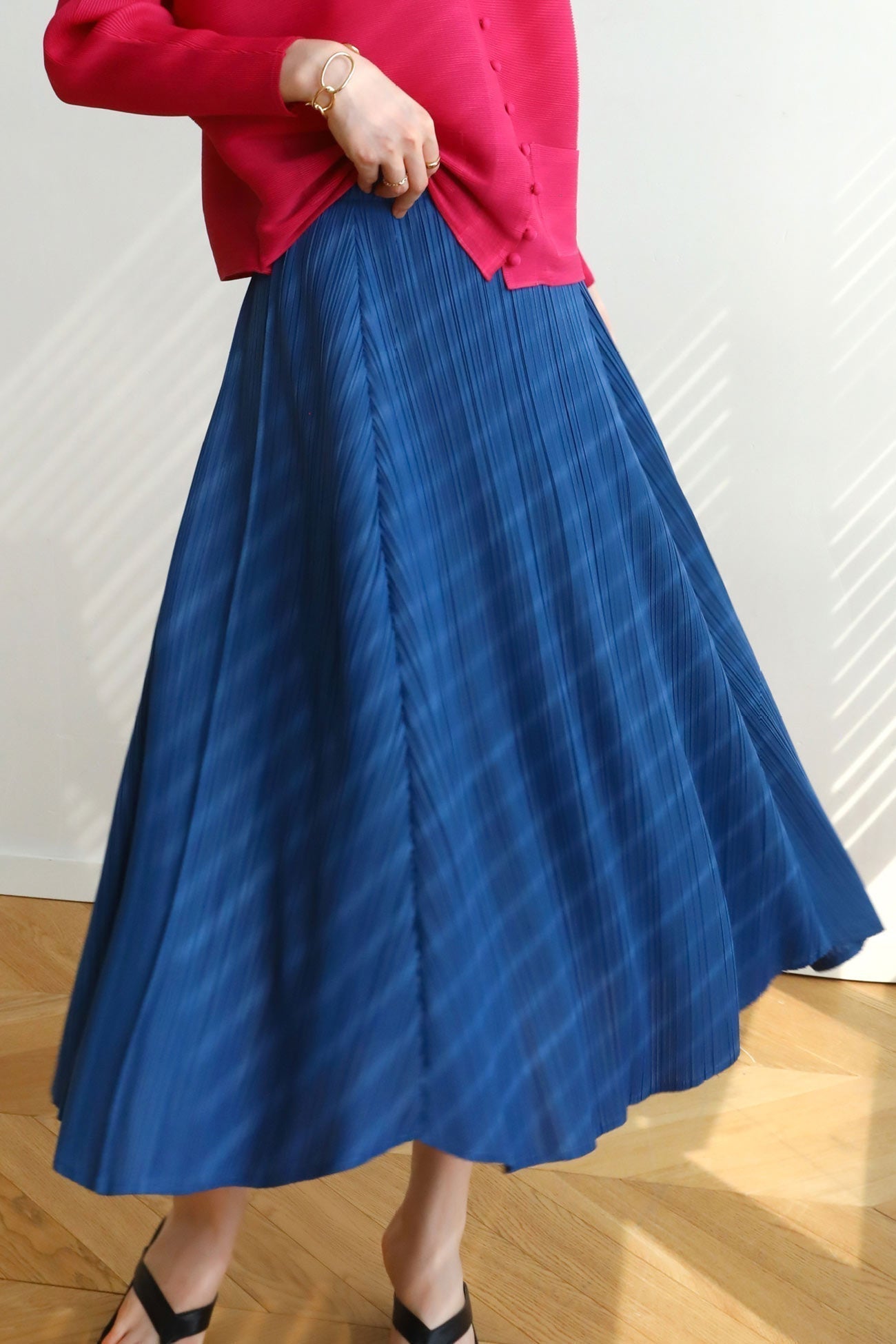 High-Waist Pleated Denim Mini Skort