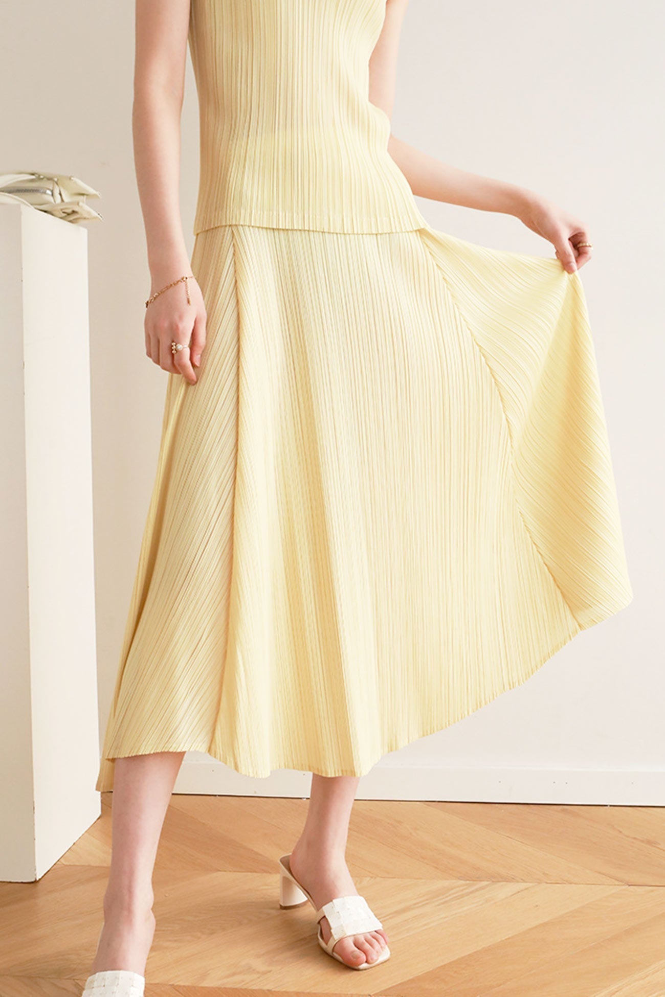 High-Waist Pleated Denim Mini Skort