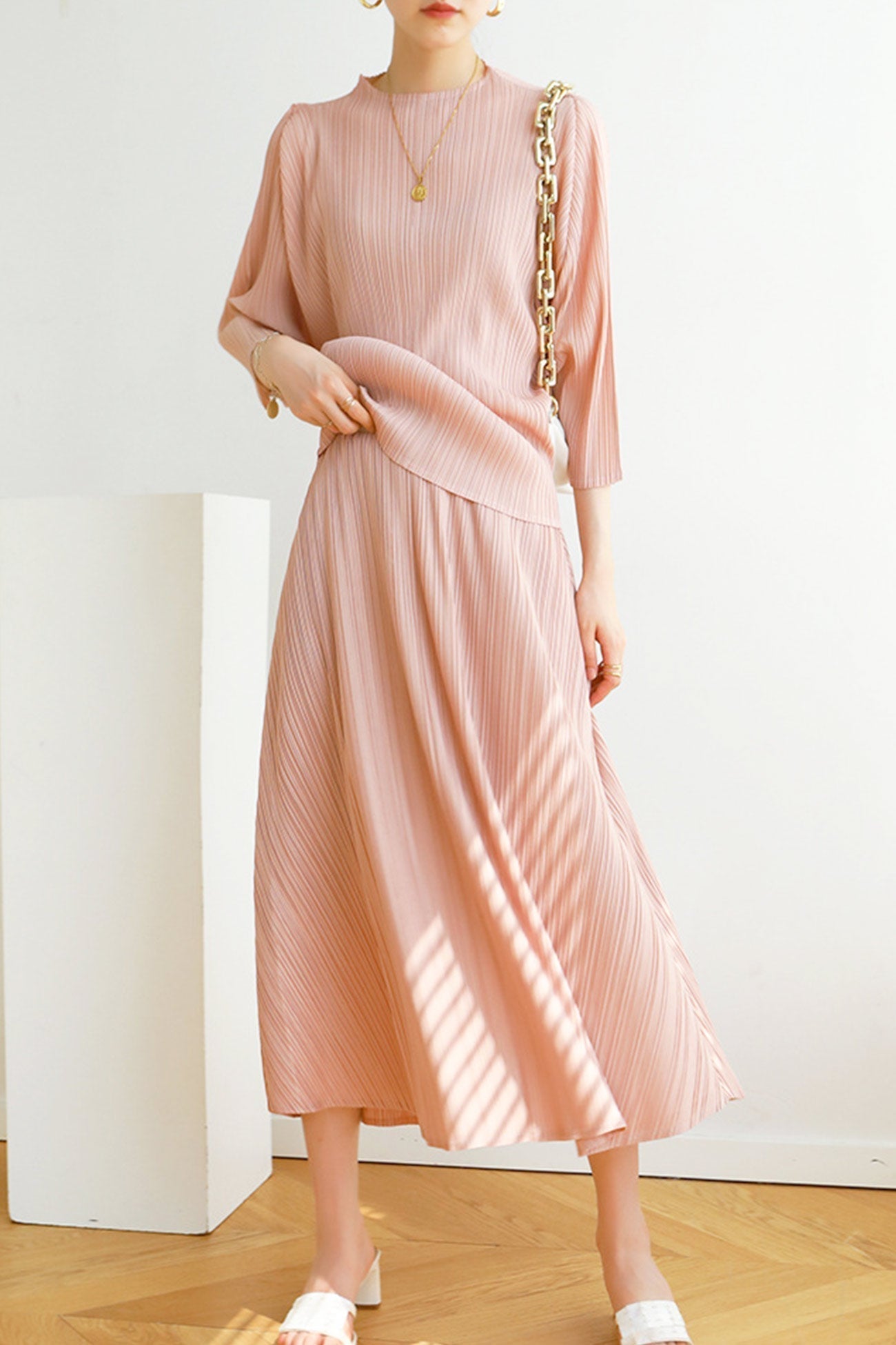 High-Waist Pleated Denim Mini Skort