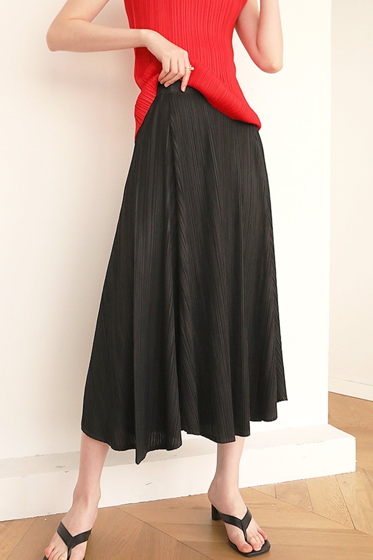 High-Waist Pleated Denim Mini Skort
