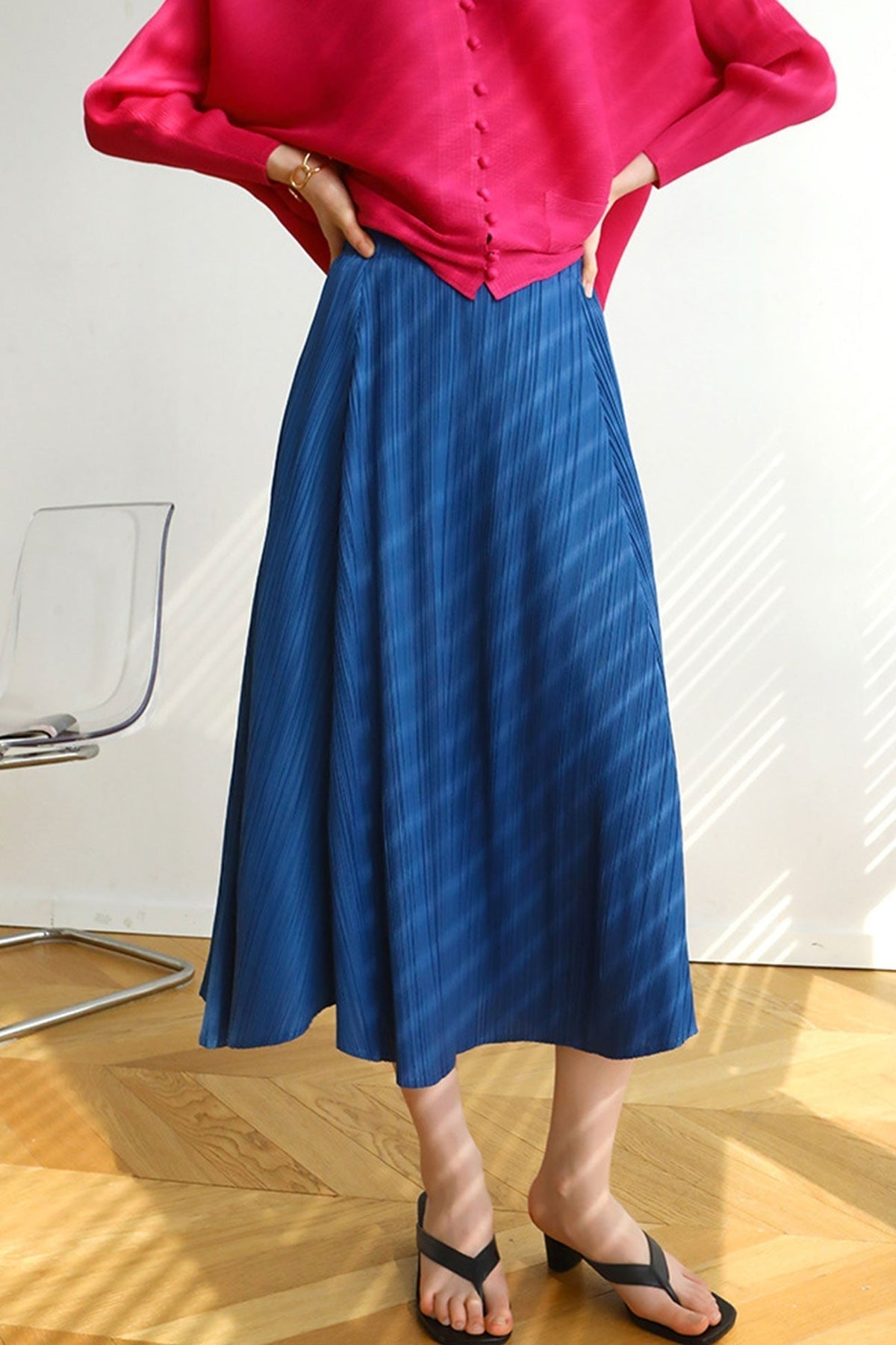 Elastic High Waist Plisse Pleated A-Line Midi Skirt 9