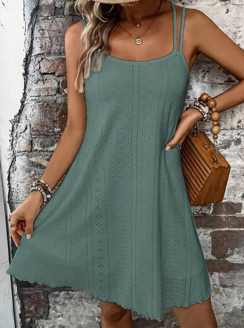 Eyelet Lace Spaghetti Strap Scalloped Hem Summer Mini Dress