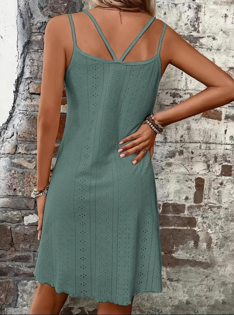 Eyelet Lace Spaghetti Strap Scalloped Hem Summer Mini Dress