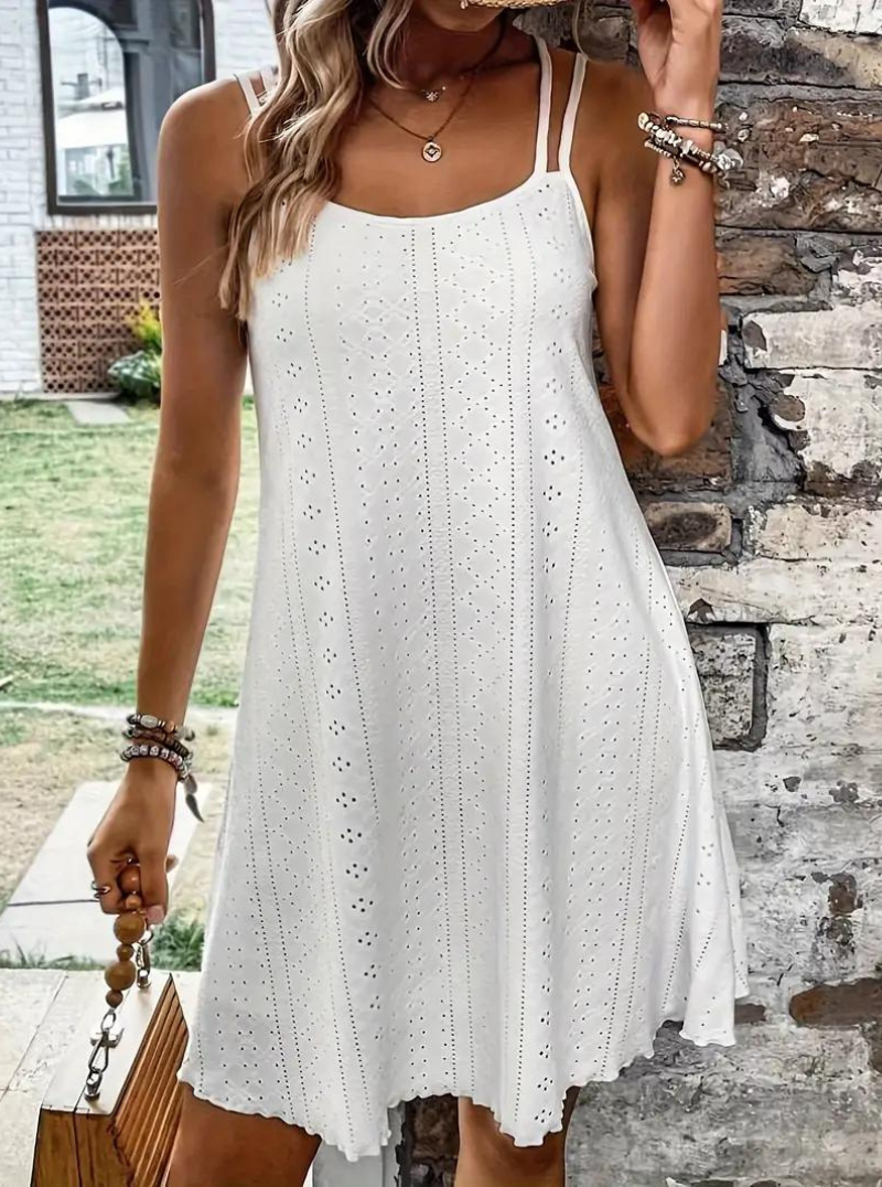 Eyelet Lace Spaghetti Strap Scalloped Hem Summer Mini Dress