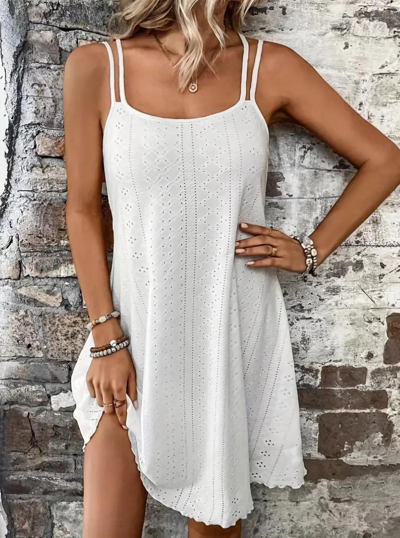 Eyelet Lace Spaghetti Strap Scalloped Hem Summer Mini Dress