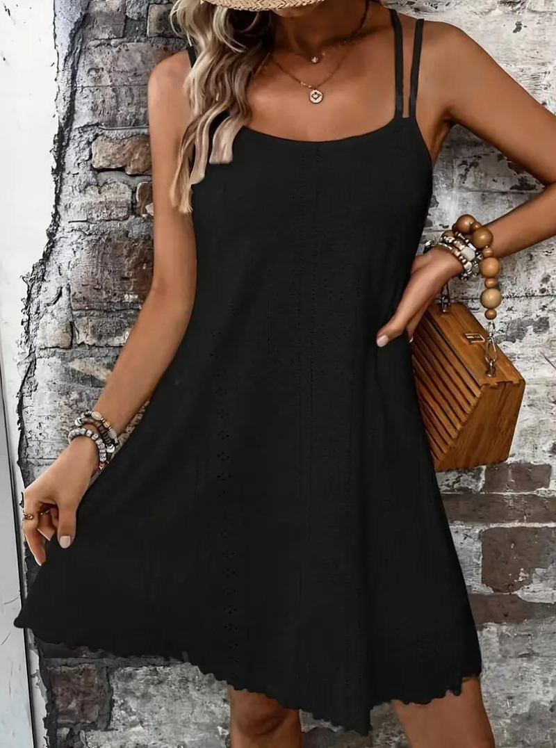 Eyelet Lace Spaghetti Strap Scalloped Hem Summer Mini Dress
