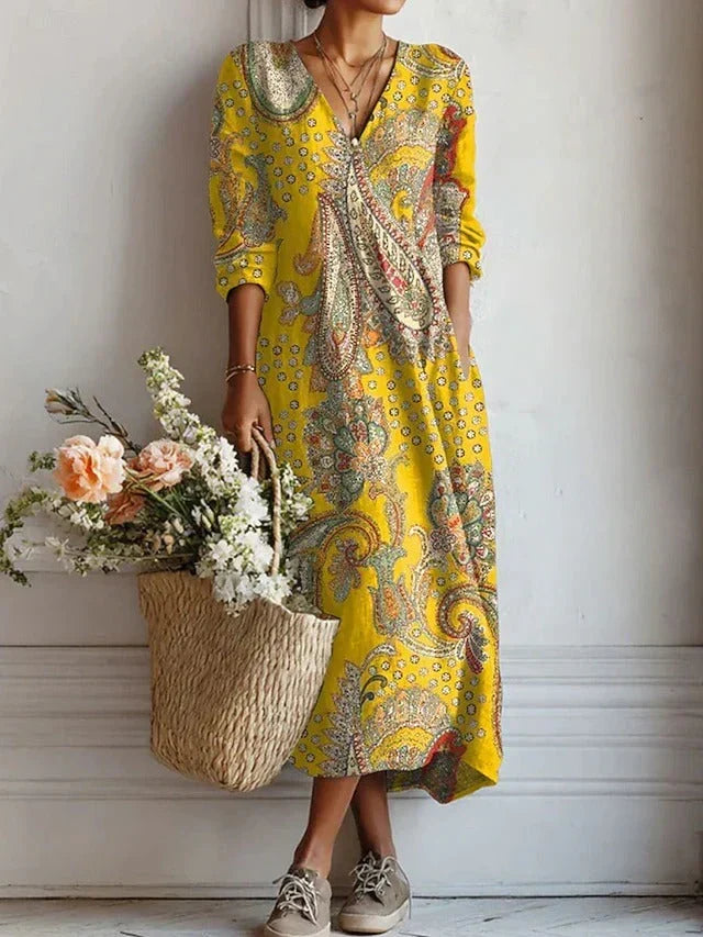 Paisley Print V-Neck Ruffle Cuff A-Line Maxi Dress