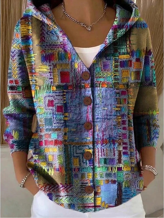 Abstract Print Hooded Button Front Shirt