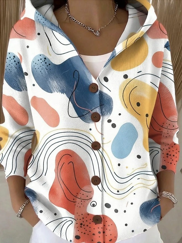 Abstract Print Hooded Button Front Shirt
