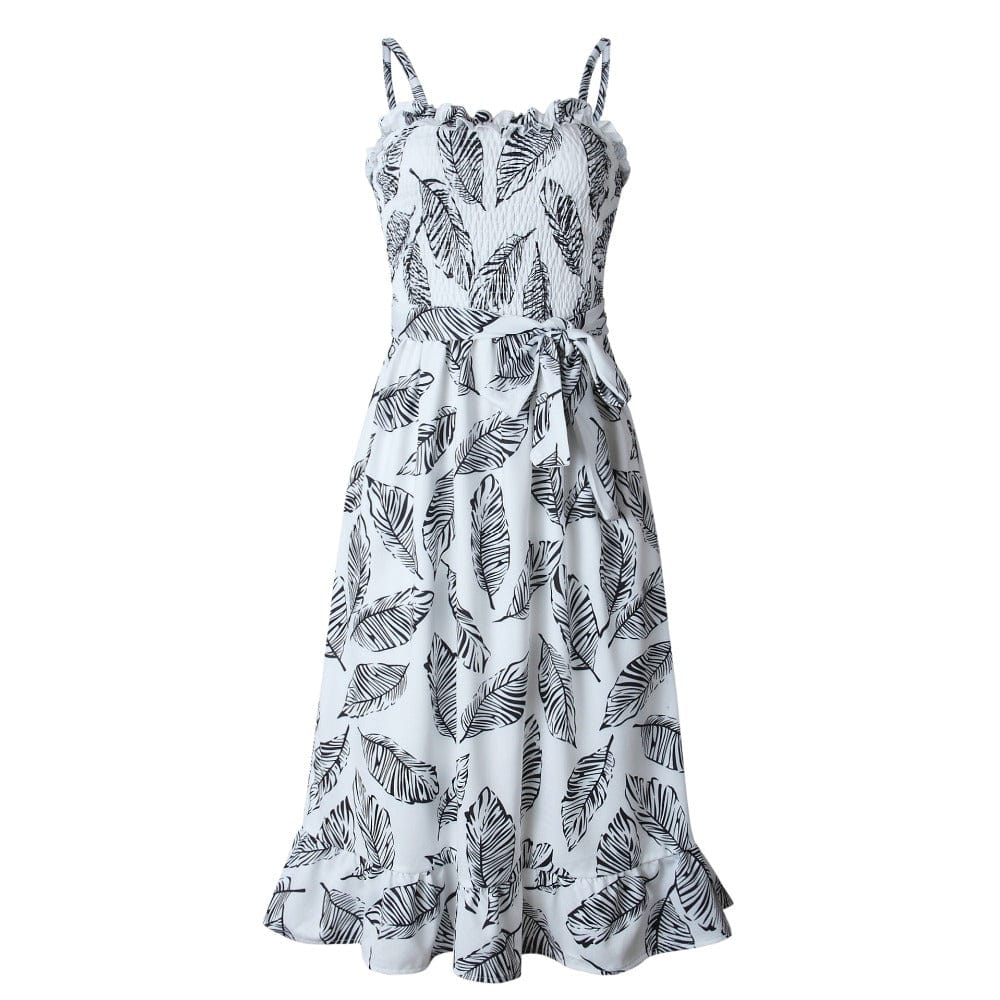 Spaghetti Strap Smocked Leaf Print Ruffle Midi Dress 3