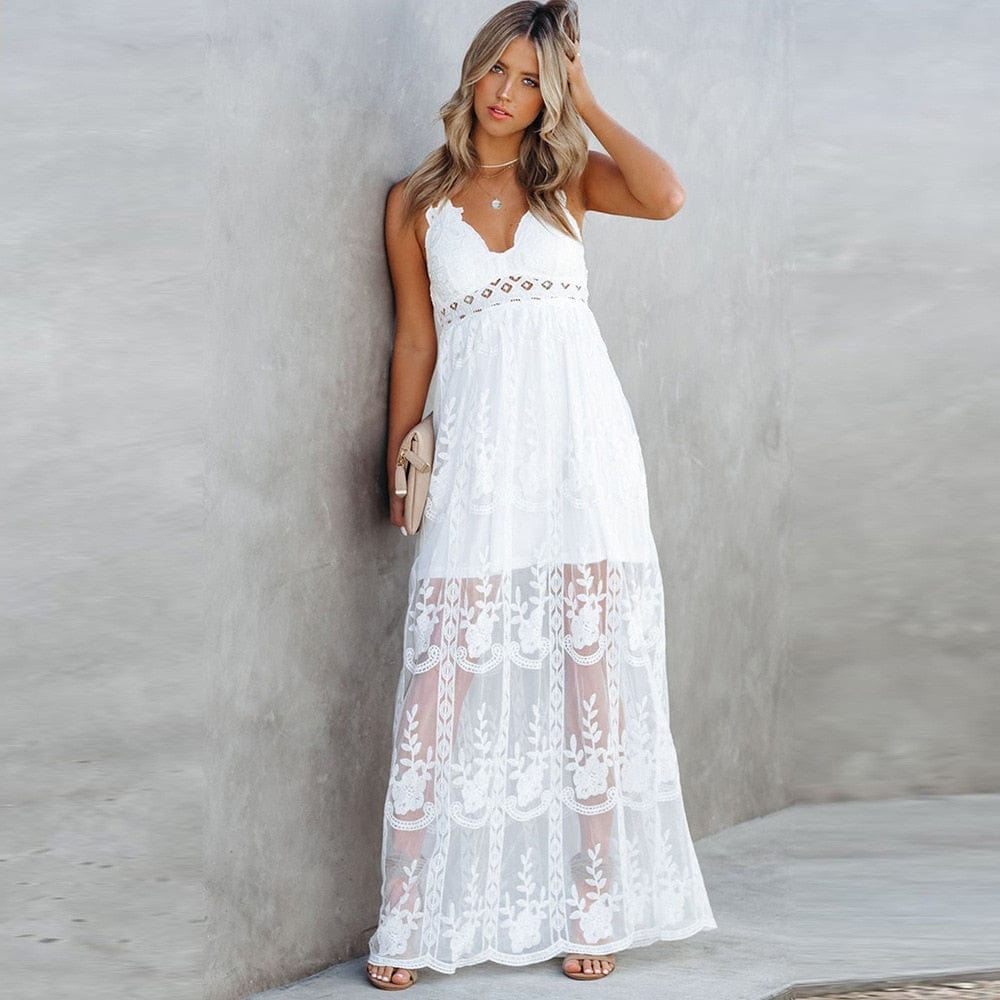 Lace V-Neck Backless Tiered Maxi Dress