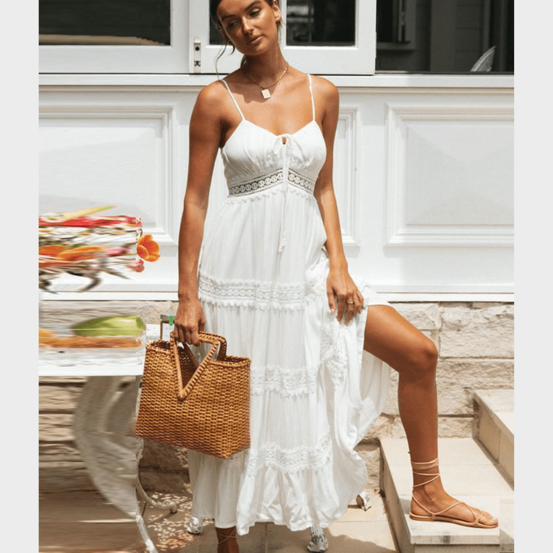 Spaghetti Strap Lace Trim Tiered Maxi Dress