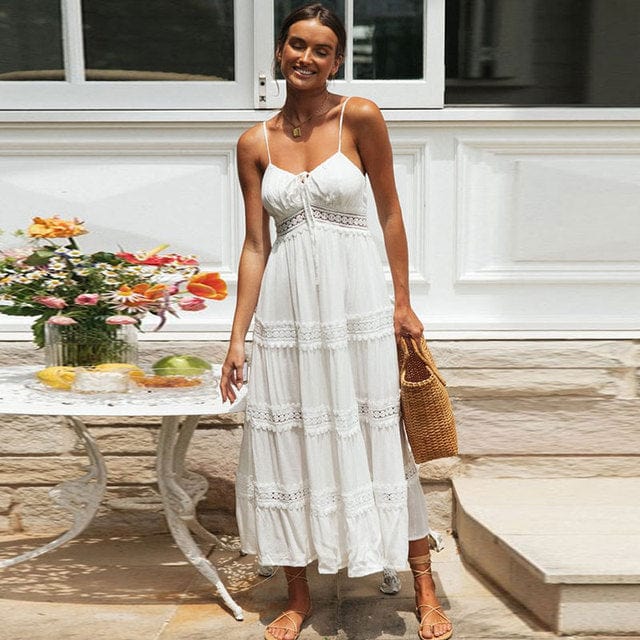 Spaghetti Strap Lace Trim Tiered Maxi Dress 2