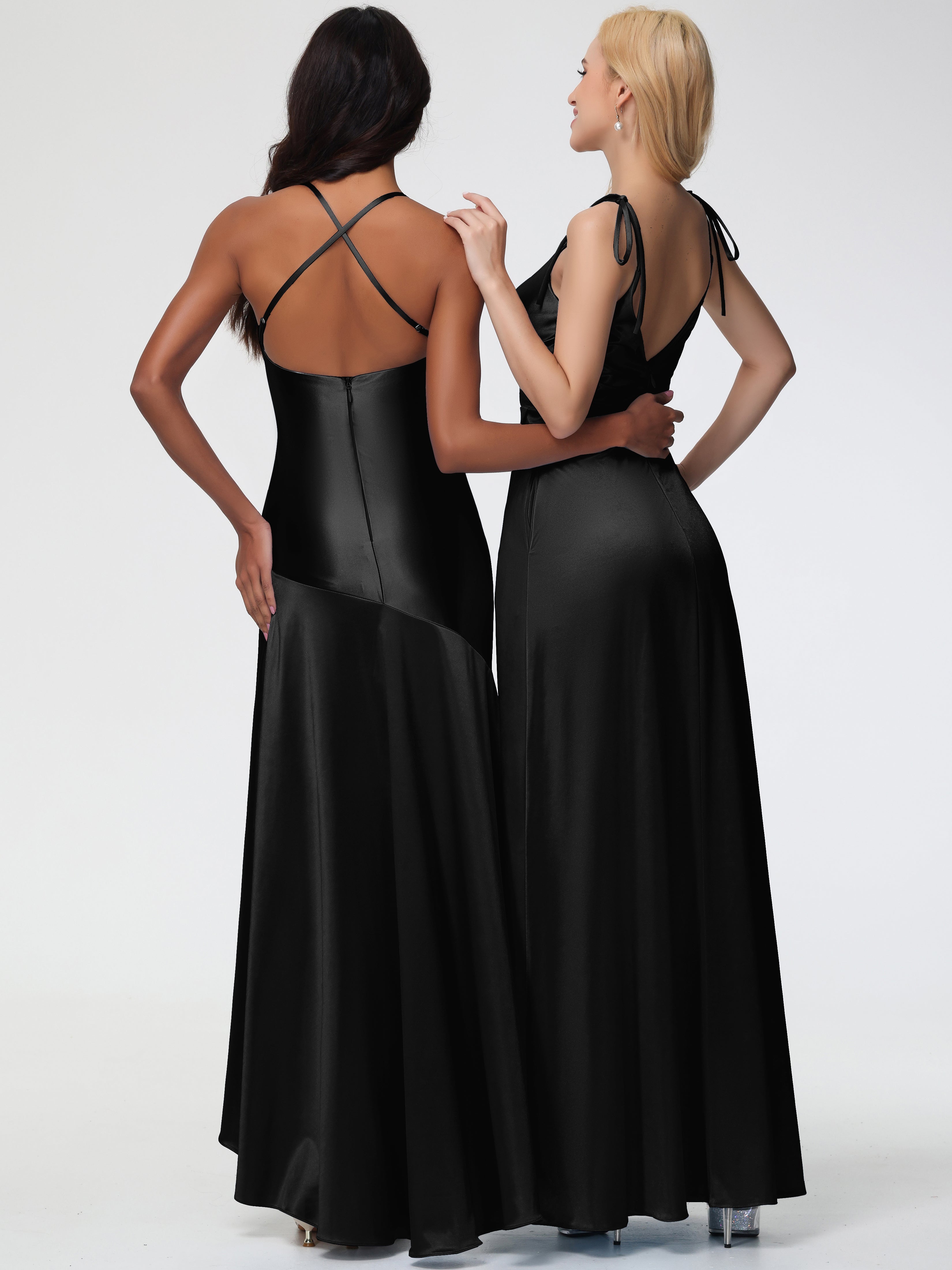 Black Stretchy Formal Dress Spaghetti Straps V-Neck Ruched Floor Length Stretch Satin Formal Dress With Slit